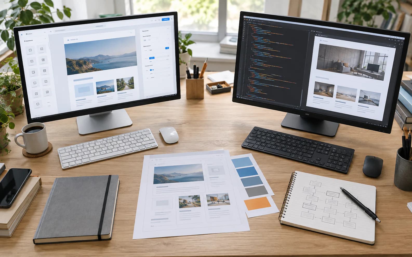 左に画面操作型のサイト編集画面、右にコードと完成プレビューを表示した2台のモニター